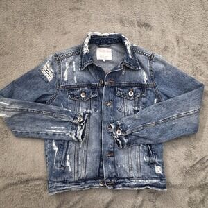 Zara‎ Denim Jacket Women's Size XS Distressed Long Sleeve Button Front